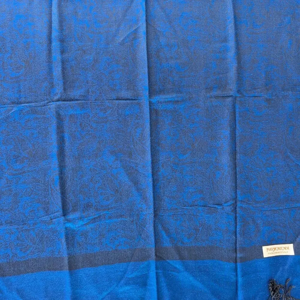 70% Pashmina 30% Silk Blue Black Paisley Shawl Wrap Fringe Scarf